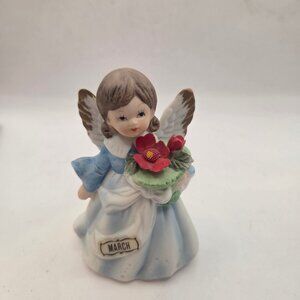 Porcelain Angel Figurine March Blue Dress Wings Flowers Taiwan Vintage Small
